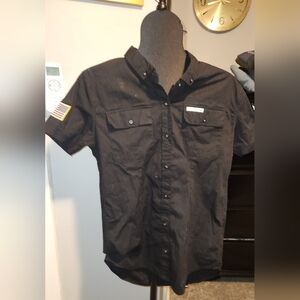 Grunt Style Shirt Mens L Black Military Mechanic Button Down USA Patch Emblem